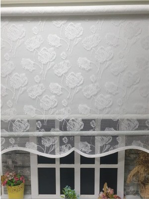 Çift Mekanizmalı Beyaz Çiçekli Tül & Ekru Stor Perde STB1093