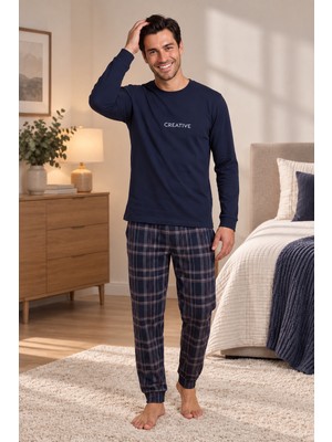 Wordex Falkom 5801 Interlok Kışlık Kalın Kumaşlı Ekose Pijamalı Erkek Ev Pijama Takımı