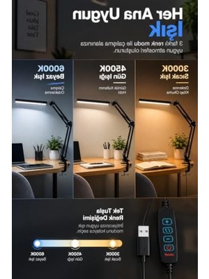Vionna LED Masa Lambası, 3 Renk ve 10 Kademe Parlaklık Ayarı, USB ile Çalışır