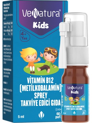 Venatura Kids B12 Sprey 60 Puf Çilek Aroması ile 11 Yaş Üstü Kullanıma Uygun Vitamin Takviyesi