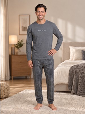 Wordex Falkom 5801 Interlok Kışlık Kalın Kumaşlı Ekose Pijamalı Erkek Ev Pijama Takımı