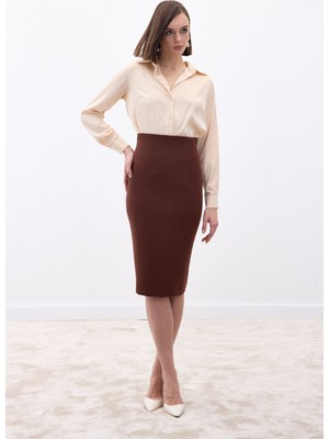 Sateen Düz Kalem Etek - Kahve