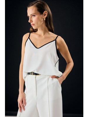 Sateen Kontrast Askılı Bluz - Ekru