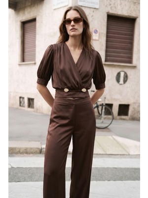 Sateen Kısa Kollu Saten Bluz - Kahve