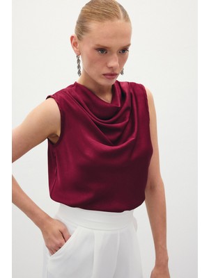 Sateen Degaje Yaka Saten Bluz - Bordo