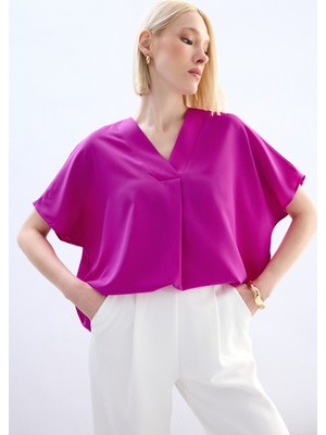 Sateen Geniş Kısa Kollu Bluz - Fuşya