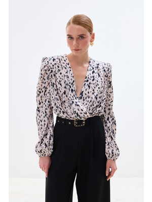 Sateen Kruvaze Bodysuit Bluz - Ekru
