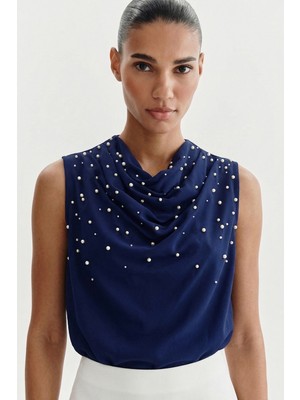 Sateen Inci Detaylı Bluz - Lacivert