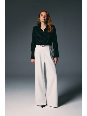 Sateen Kemerli Bol Pantolon - Ekru