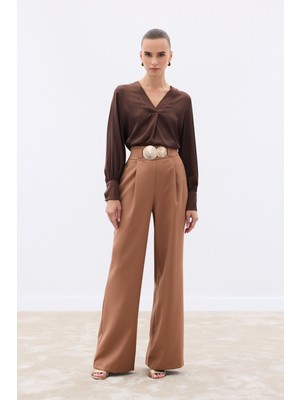 Sateen Aksesuarlı Pantolon - Camel