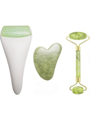 3'ü 1 Arada Ficial Face Ice Jade Roller ve Gua Sha Aleti, %100 Doğal Gerçek Yeşim Kırışıklı