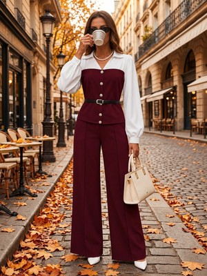 Lune Store Kadın Uzun Kollu Yakalı Önden Düğmeli Kemersiz Gömlek Bluz ve Pantolon Ikili Takım