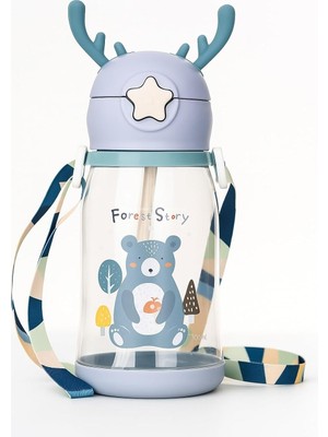Gy Atelier Geyik Figürlü Pipetli Su Matarası 700 ml Askılı Sticker Hediyeli Çocuk Suluk Gıda Sınıfı Plastik Kapaklı Sızdırmaz Matara Okul Spor Seyahat (Mavi)