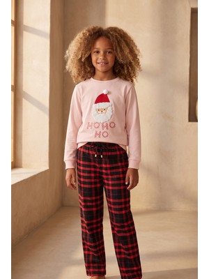 Katia & Bony Kız Çocuk Dear Santa Noel Baba Figürlü Pijama Takımı Pembe