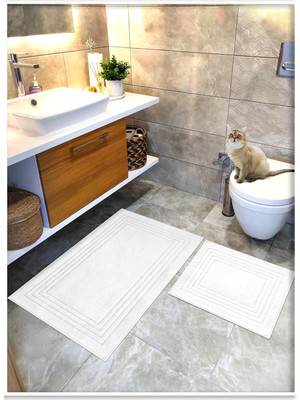 Gy Atelier %100 Pamuk Dokuma Su Emici Banyo Paspas Seti, Banyo Halısı Vera 2 Li Set 60X100-60X50 (Beyaz)