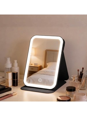 Gy Atelier LED Işıklı Katlanabilir Makyaj Aynası - 3 Renk Işık Modlu, Dokunmatik ve Ayarlanabilir Parlaklık (Kısılabilir) - Kılıflı Taşınabilir Seyahat Boy - Masaüstü Kozmetik Aynası (Siyah)