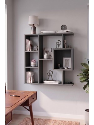 Gy Atelier Enda Home Yegane Duvar Rafı, Duvar Kitaplığı, Dekoratif Kitaplık, Modern Kitaplık, Zeminde Veya Duvarda Kullanıma Uygun Antrasit