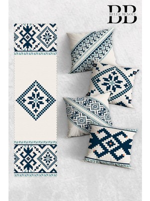 Gy Atelier Modern Tasarım Çift Tarafı 3D Dijital Baskılı Dekoratif 4'lü Koltuk Kırlent Kılıfı ve 140X40 Amerikan Runner Servis Seti. (Mavi Beyaz)