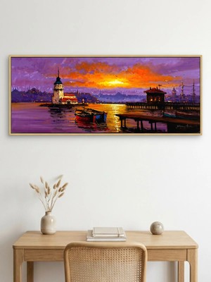 Gün Batımındaki Kule Yağlı Boya Tablosu - Tuval Üzerine El Yapımı - 150 x 60 cm