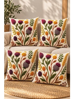 Odea 4'lü Set Çiçekli Dekoratif Kırlent Kılıfı 43X43 Cm, 3D Efektli Dijital Baskılı - Sonbahar Kırları