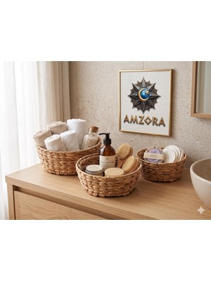 Odea Doğal El Örgüsü Muz Lifi Hasır Yuvarlak Sepet Seti, 3'lü, Banyo Organizer, Ekmek ve Havluluk, Hediyelik Çeyiz 25 Cm, 20 Cm, 16 cm