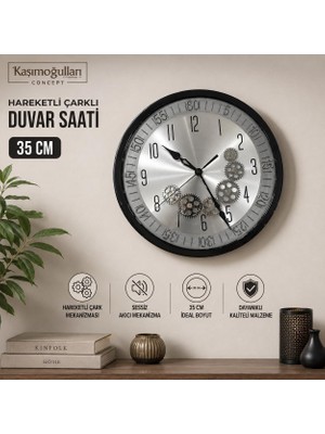 Odea Kaşımoğulları Concept Hareketli Çarklı Duvar Saati, 35 Cm, Siyah Sağlam Plastik Kasa Sessiz Akar Quartz