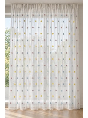 Gy Atelier Vira Renkli Ponponlu Keten 1'e 2 Seyrek Pileli Tül Perde, 100 x 200