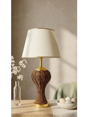 Gy Atelier Kahverengi Örme Hasır ve Gold Detay Ayaklı Hazeran ve Kumaş Şapkalı Modern Abajur Modelleri