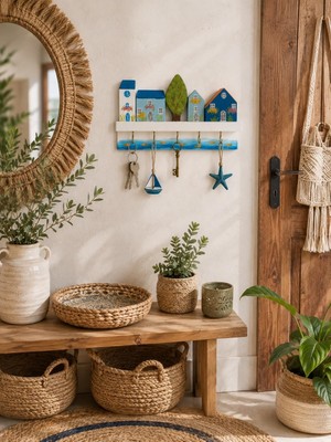 Odea Atelye Karga El Boyaması Ahşap Anahtarlık Askılığı, Ev Temalı, 22X14 cm