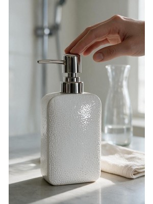 Odea Parlak Yüzey Porselen Sıvı Sabunluk Beyaz Gümüş Pompa 300ML