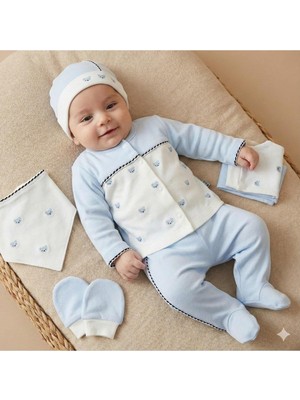 Gy Atelier Erkek Bebek Ayıcık NAKIŞLI%100 Pamuk 0-3 Ay 5'li Yenidoğan Hastane Çıkışı Zıbın Seti