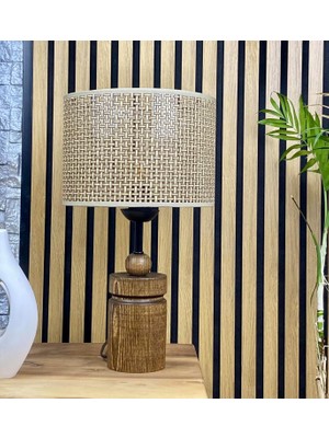 Gy Atelier Ahşap Ceviz Renk Silindir Ayaklı Hazeran Hasır Şapkalı Abajur Masa Lambası Modelleri (Kahverengi Hazeran)