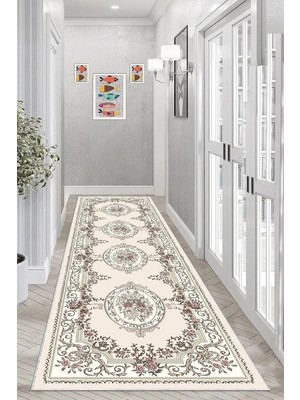 Pelangi Gül Varak Desenli Dijital Baskı Yıkanabilir Kaymaz Taban Vintage Salon Halısı ve Yolluk, Bej-Pembe 100 x 400, 955411731004007