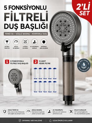 5 Fonksiyonlu Mat Gri Filtreli Duş Başlığı 2’li Avantaj Set – Mat Antrasit Gri Duş Başlığı + 10 Adet Yedek Filtre