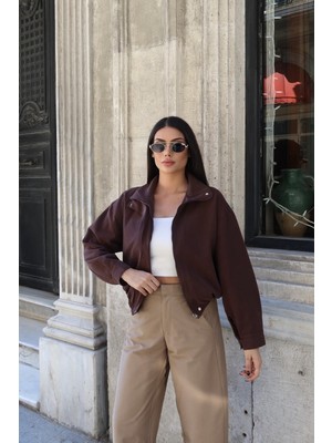 Kechi Woman Gabardin Kumaş Fermuarlı Astarlı Ceket Kahverengi