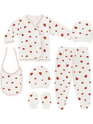 Odea Tr %100 Pamuklu 5 Parça Kırmızı Kalpli Hastane Çıkışı Seti – Bebek Zıbın Takımı, Şapka, Önlük, Eldiven
