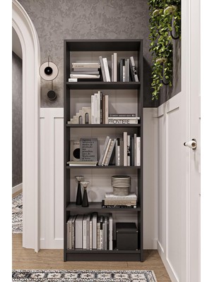 Odea Tr Asra Trend Koyu Gri K002 5 Raflı Kitaplık 56 cm Genişlik Dar Alan Uyumlu Modern KÜTÜPHANE%100 Mdflam Dekoratif Raf Ünitesi