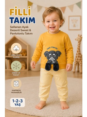 Candar 1-2-3 Yaş Filli Sallanan Ayak Desenli Likralı Penye Sweat ve Pantolon 2'li Çocuk Takımı