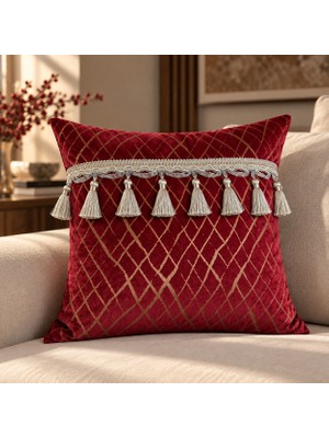 Ravello Design Bordo Gold Desenli Püsküllü Dekoratif Kırlent