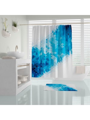 Odea Tr Banyo Paspas ve Tek Kanat Duş Perdesi 1X180X200 Set Banyo Halısı Blue Square