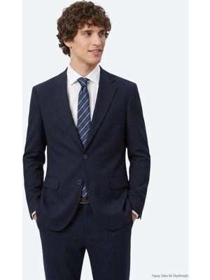 Kip Lacivert Çizgili Modern Fit Pamuk Karışımlı Örme Takım Elbise