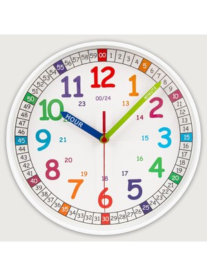 Odea Tr Sessiz Çocuk Duvar Saati, Çocuklar Için Zaman Öğretim Saati, 25,8 cm Tik Takmayan Pille Çalışan Renkli Saat Çocuk Odası, Oyun Odası, Okul Sınıfı Için. (Beyaz, 25,7 Cm)