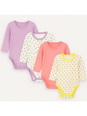 Odea Tr Myzi Store Kız Bebek 4 Adet (2 Desenli-2 DÜZ)%100 Pamuk Uzun Kollu Çıtçıtlı Body Badi Zıbın Lilasarı 6-9 Ay