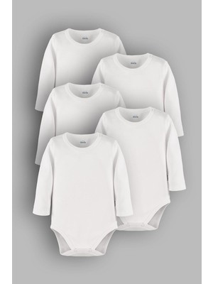 Odea Tr ORGANIK%100 Pamuk Düz Beyaz Basic Uzun Kollu 5'li Bebek Body Badi Çıtçıtlı Zıbın Tulum Beşliuzun, 0-3 Ay