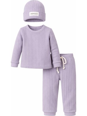 Odea Tr Unisex Bebek Çocuk Alt Üst Takım 3'LÜ%100 Pamuk Fitilli Şapkalı Kışlık Eşofman Takımı - Lila
