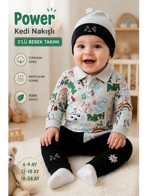 Candar Power Kedi Nakışlı Uzun Kollu Zıbın ve Şapkalı 3'lü Kız Erkek Bebek Takımı – 6-9, 12-18, 18-24 Ay