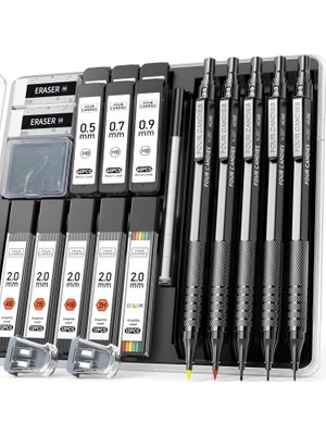 Odea Tr Metal Mekanik Kalem Seti, 3 Adet Sanat Çizim Kalemleri 0,5, 0,7, 0,9 mm ve 2 Adet 2mm Mekanik Çizim Kalemleri 420 Adet Talepler (4b 2b Hb 2h Renk) Çizim Çizimi Yazmak Için (Siyah)