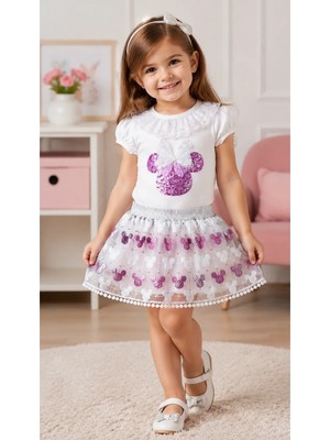 Candar 1-2-3 Yaş Kız Bebek 2'li Takım – Payetli Mickey Nakışlı Kısa Kollu Üst ve Brode Etek