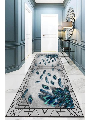 Odea Tr Pelangi Kuş Tüyü Desenli Çerçeveli Dijital Baskı Yıkanabilir Kaymaz Taban Salon Halısı ve Yolluk (Mavi), Mavi 100 x 200, 955588721002007