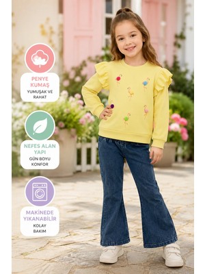 Candar Flamingo Desenli Uzun Kollu Penye Sweat ve Kot Pantolonlu 2'li Kız Çocuk Takımı – 4-5-6 Yaş